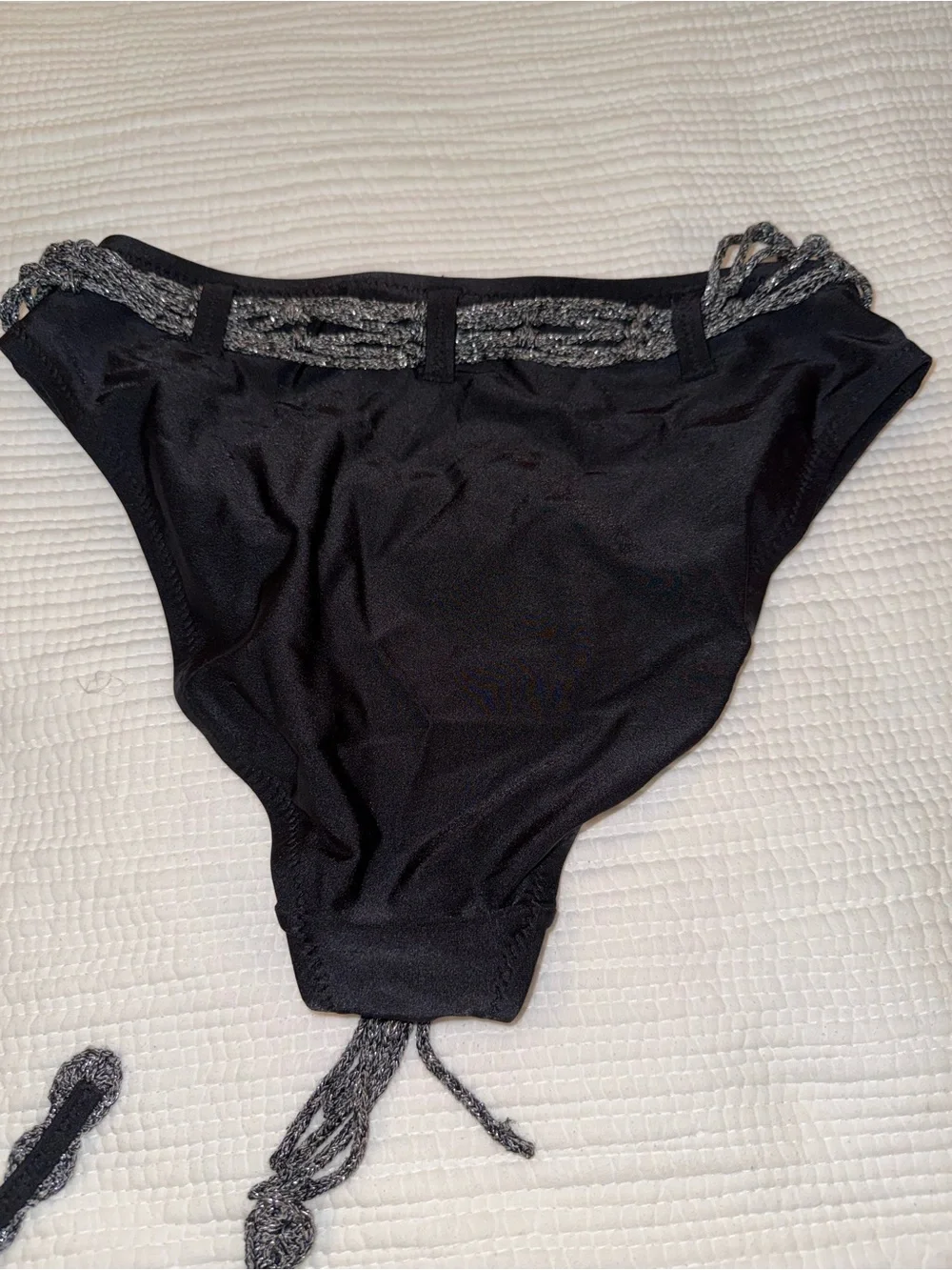 BECCA Metallic Gray Crochet Bikini Top and Black Bottom Set With Swim Skirt